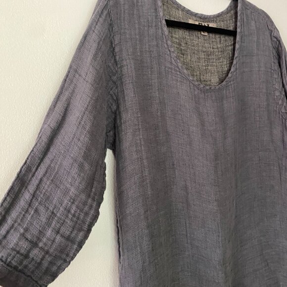 FLAX 3/4 Linen Tunic Blouse Grey / Blue Large Boho Summer Artsy - Picture 2 of 8
